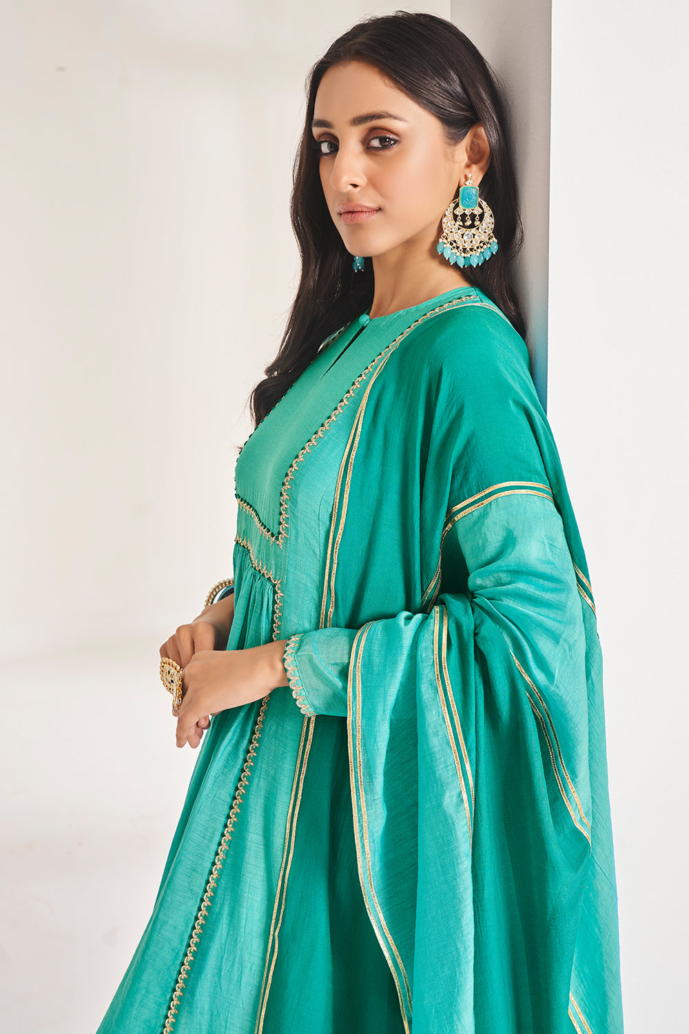Aqua Green Chanderi Anarkali Set