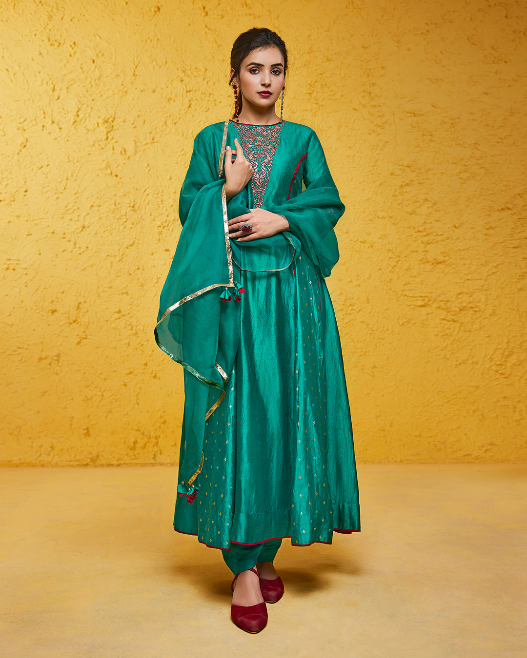 Turquoise Chiniya Silk Anarkali Set