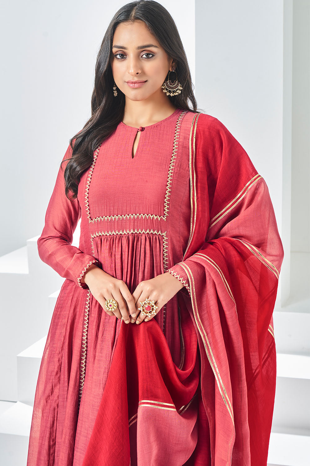 Carrot Red Chanderi Anarkali Set