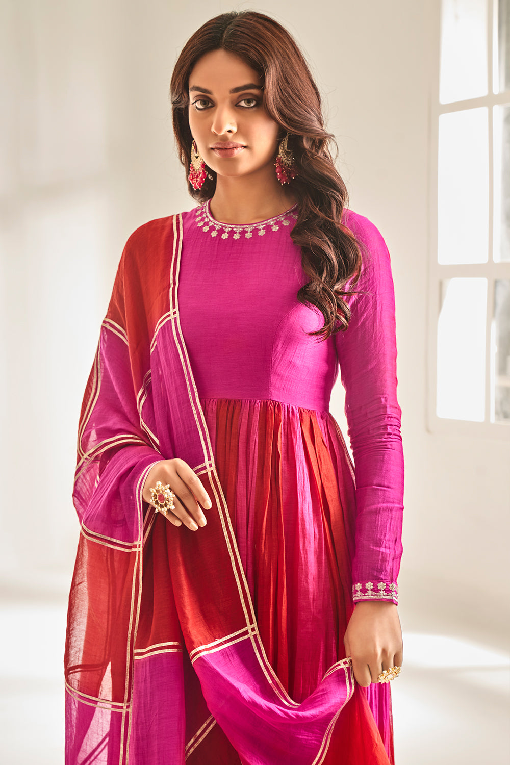 Pink and Cherry Red Anarkali Set