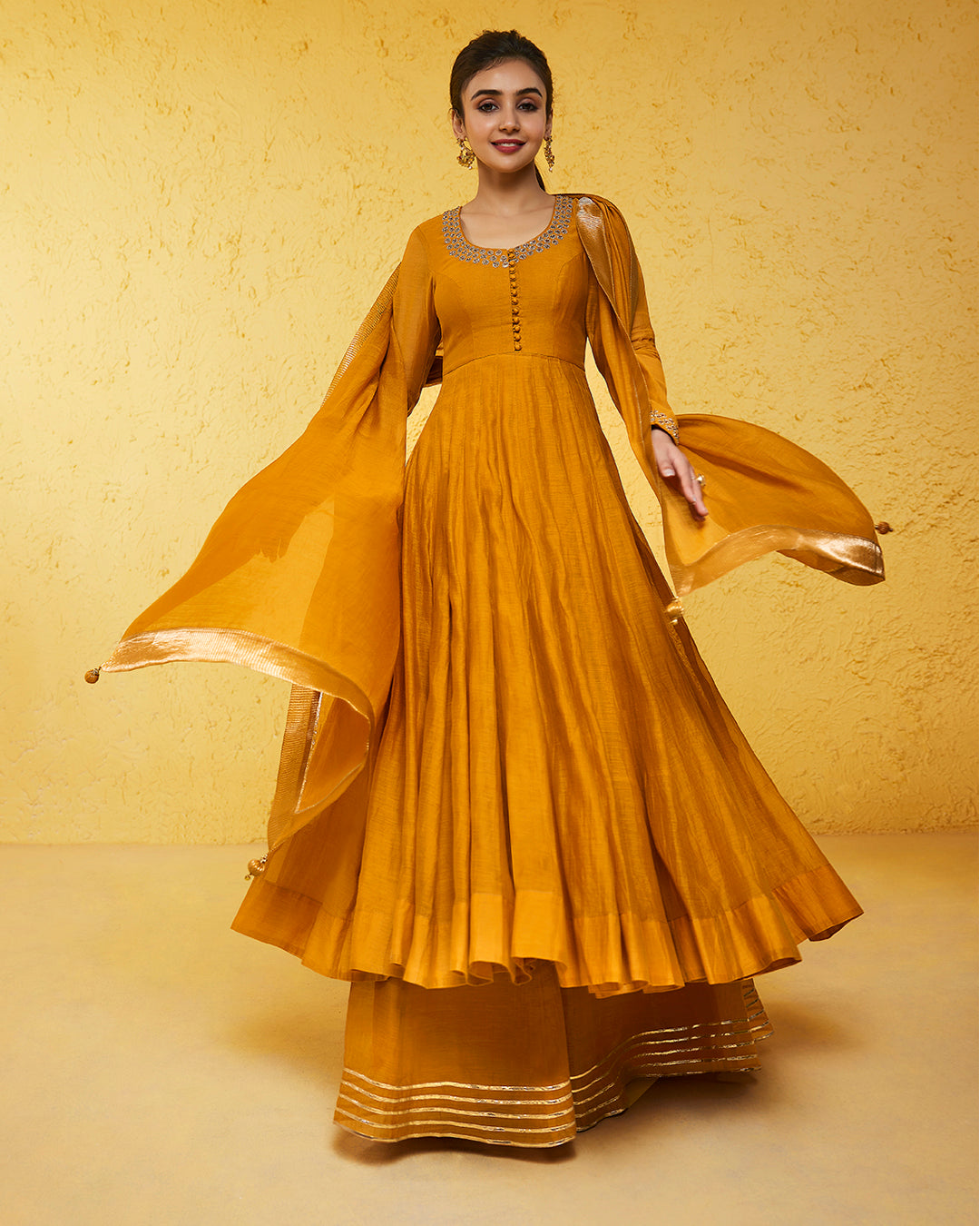 Mustard Yellow Chanderi Anarkali Set
