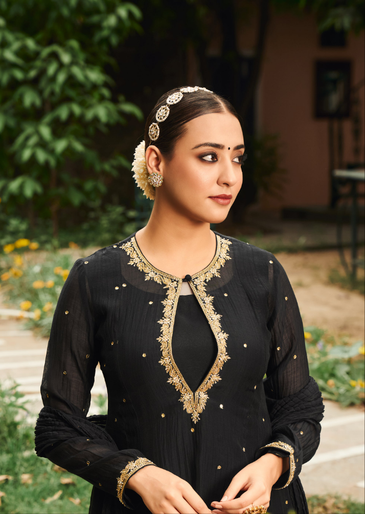 Black Chanderi Anarkali Set