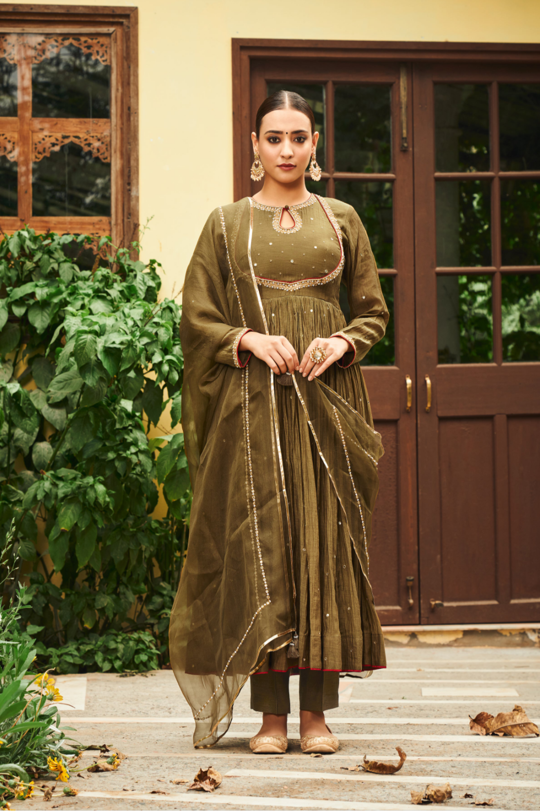 Olive Green Chanderi Anarkali Set