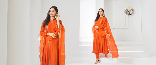 Embrace Every Occasion with Almaari's Exquisite Orange Kurta Set