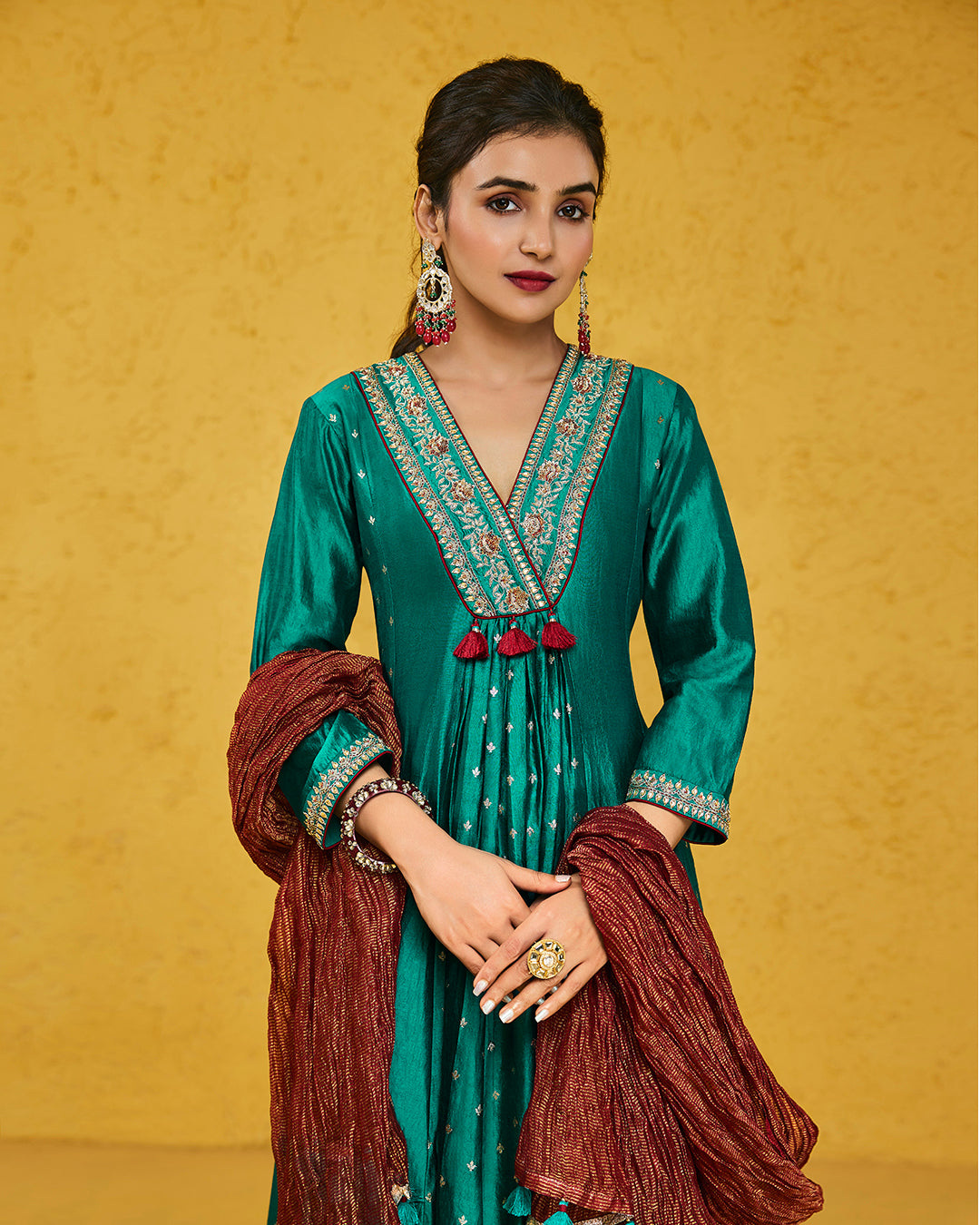 Turquoise Chiniya Silk Anarkali Set 