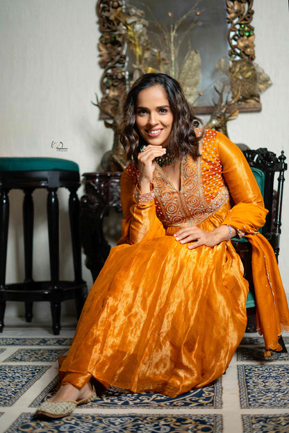 Mustard Yellow Chanderi Anarkali Set