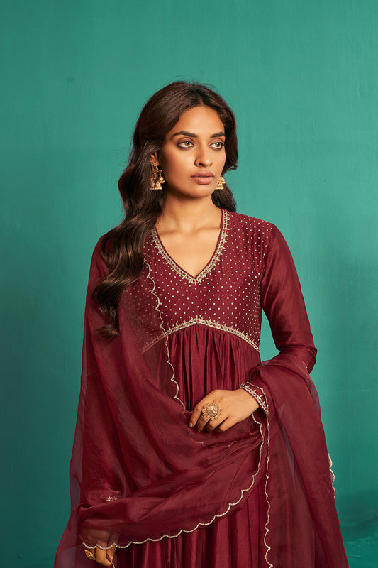 Maroon Chanderi Silk Anarkali Set