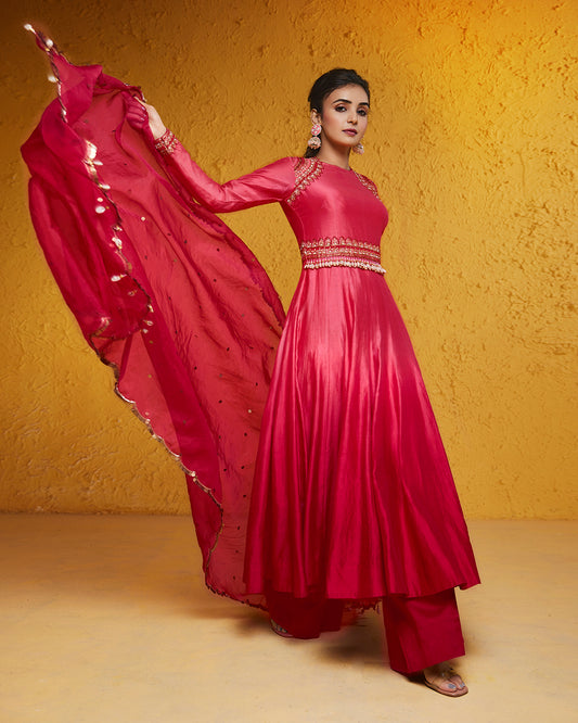 Red Chanderi Anarkali Set 