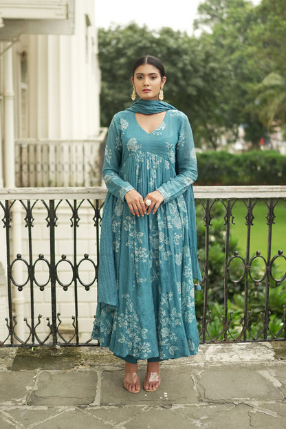 Teal Blue printed Anarkali Set