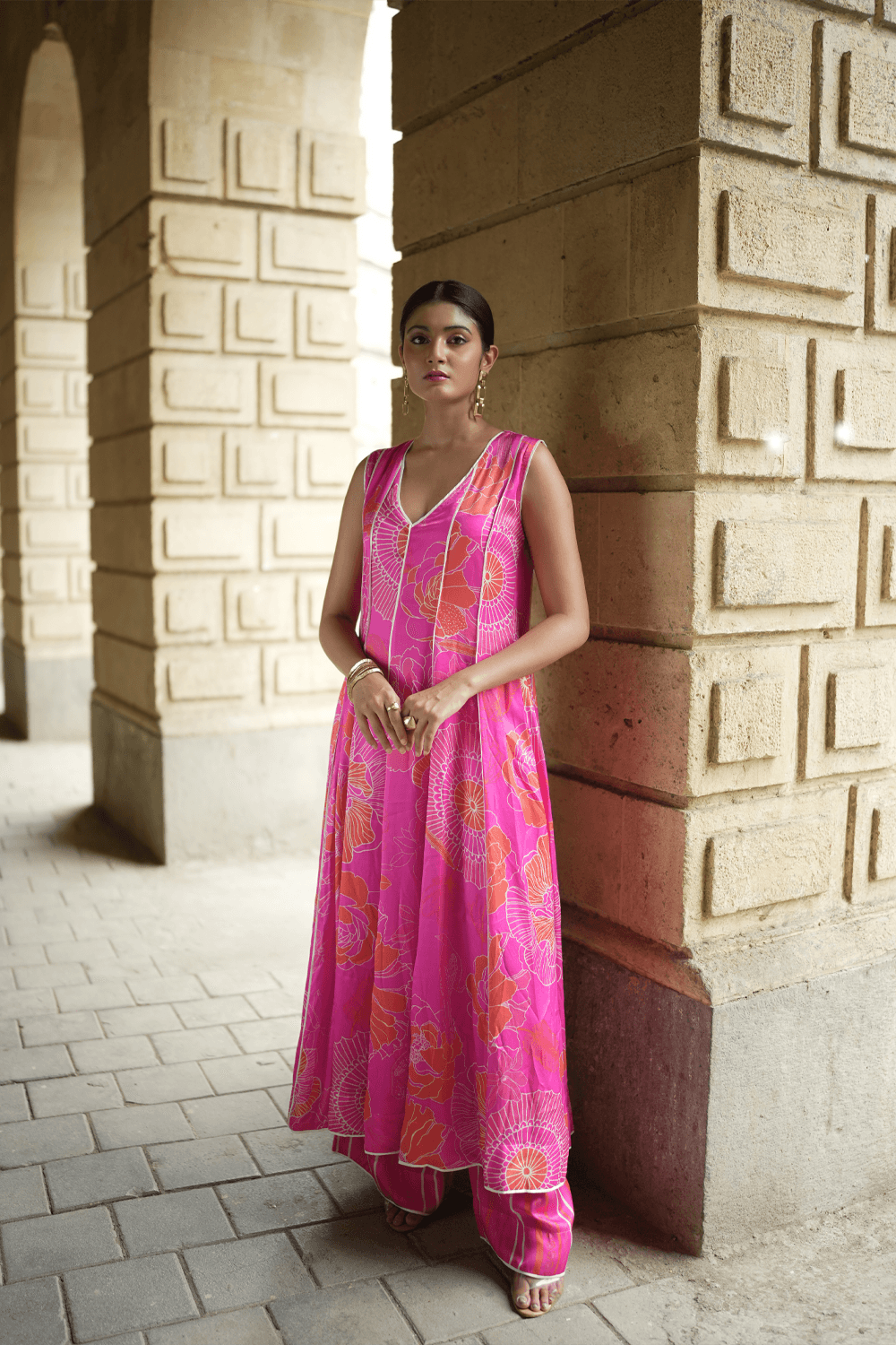 Pink floral kurta with culottes