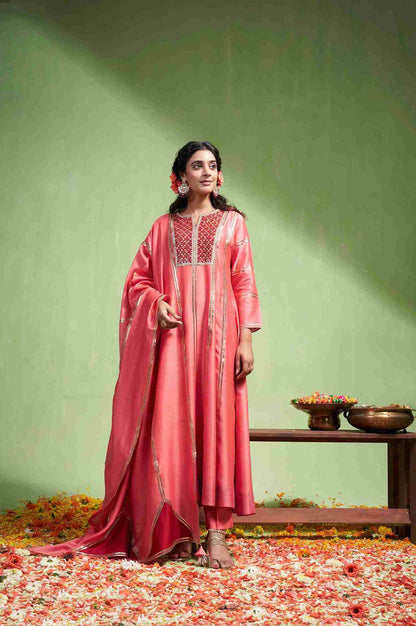 Peach Chanderi Silk Anarkali Set