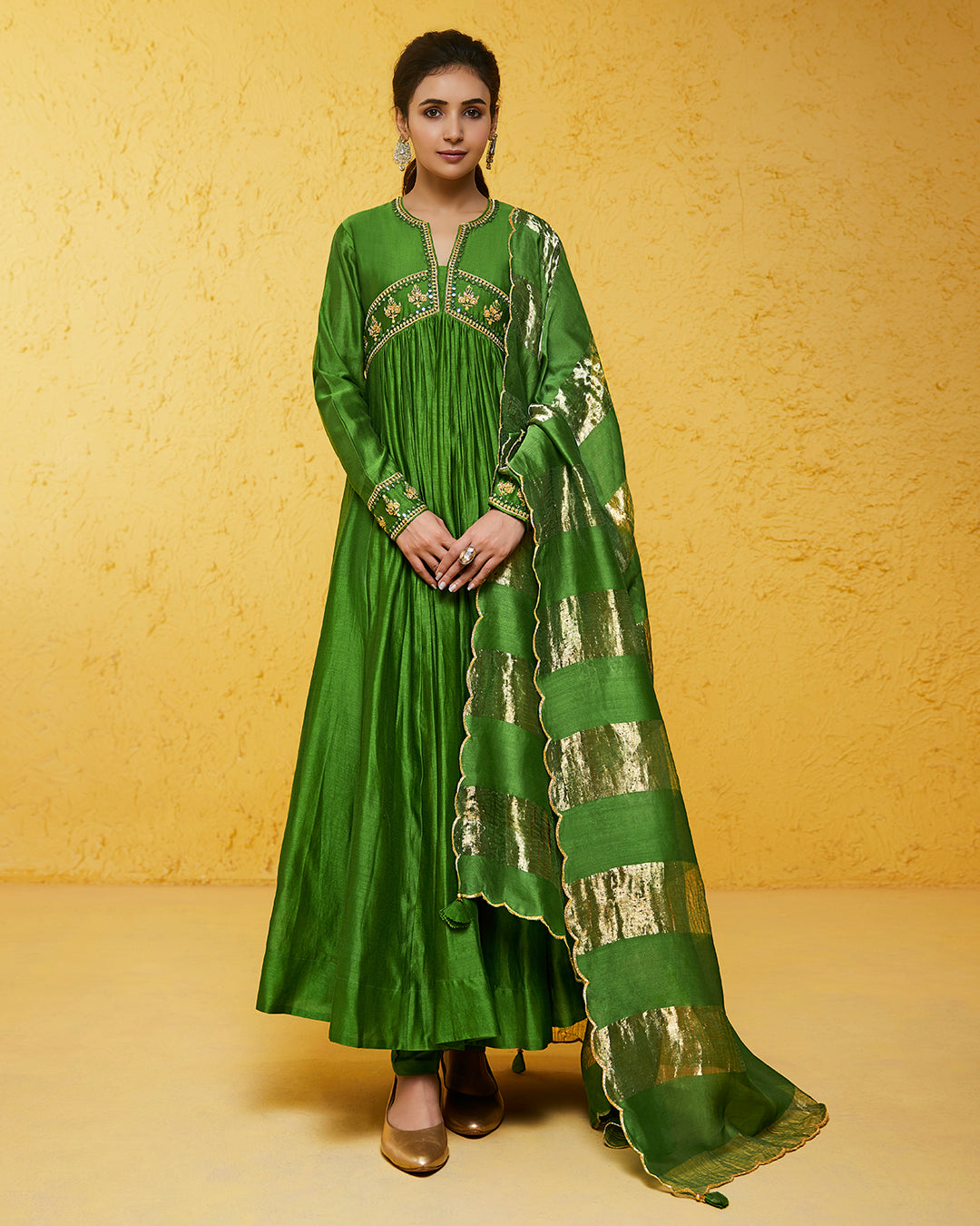 Parrot Green Chanderi Silk Anarkali Set