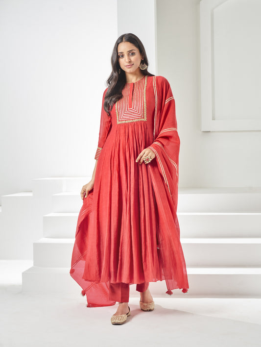 Tomato Red Chanderi Anarkali Set