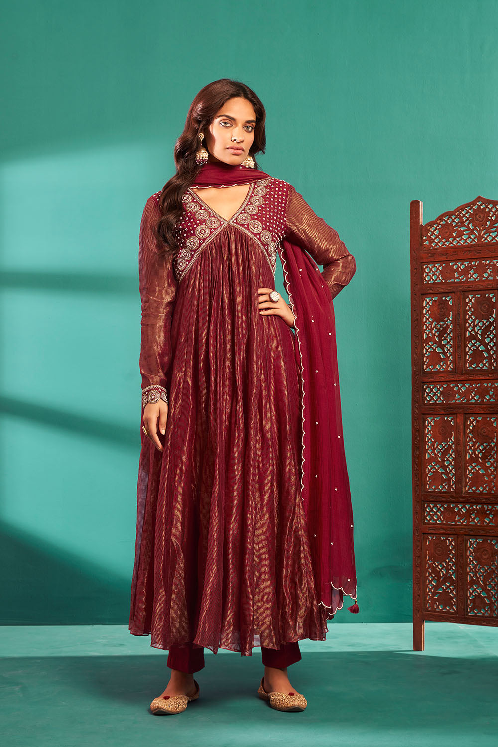 Red Chanderi Anarkali Set