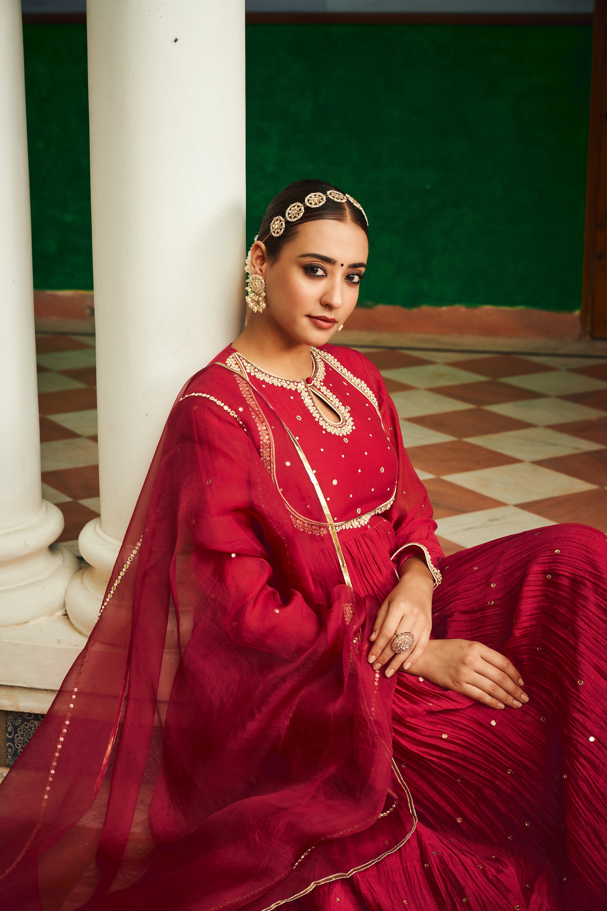 Red Chanderi Anarkali Set