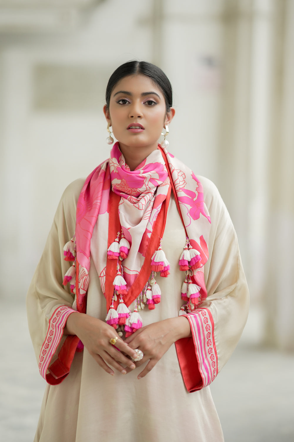 Beige tunic with trousers and scarf