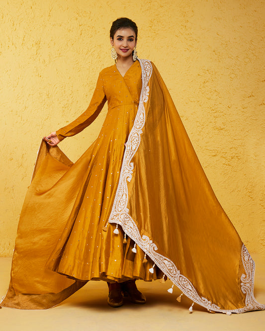 Mustard Silk Anarkali Set