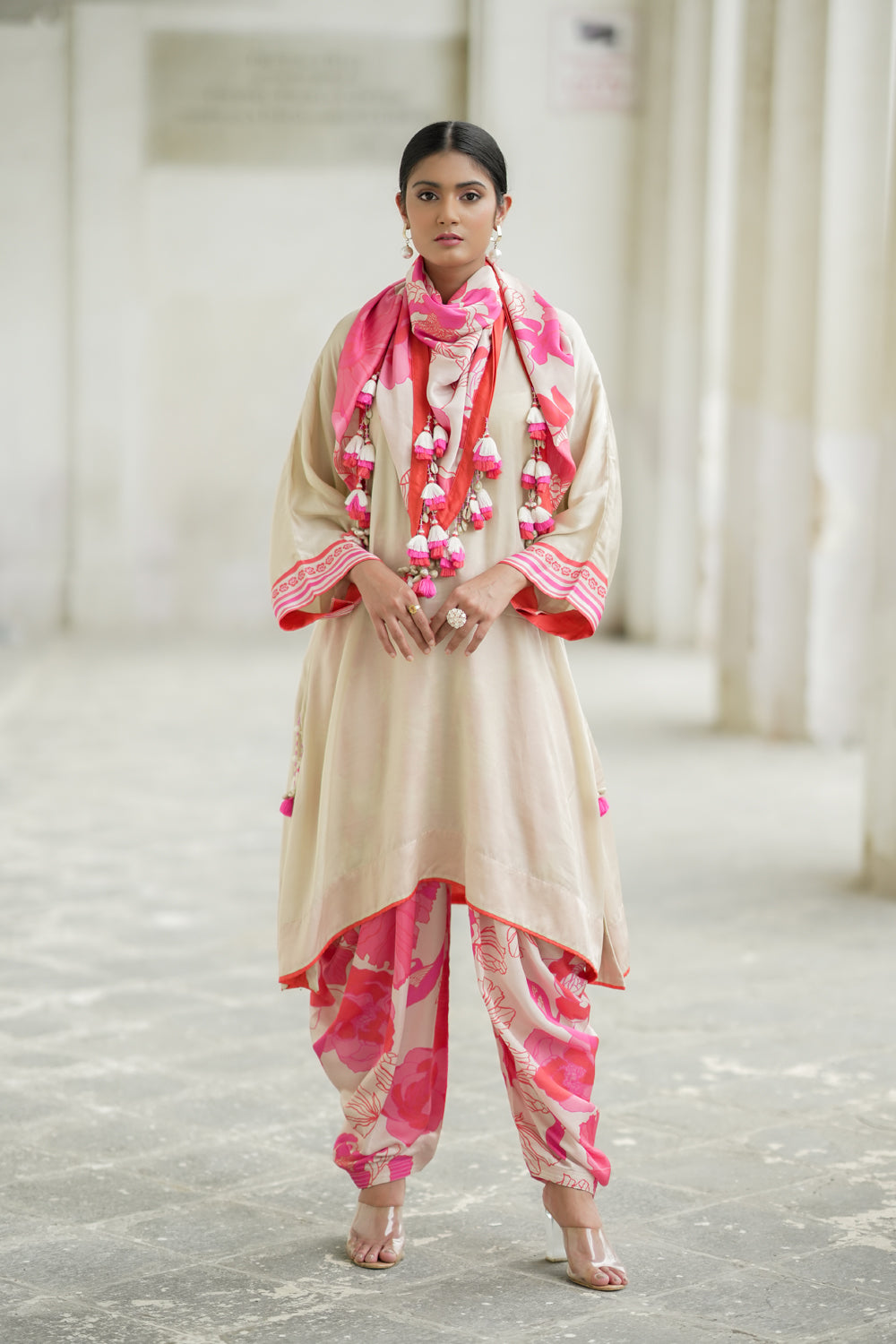 Beige tunic with trousers and scarf