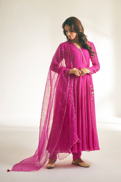 Pink Aari and Pita Work Anarkali Set 