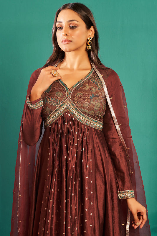 Brown Silk Anarkali Set