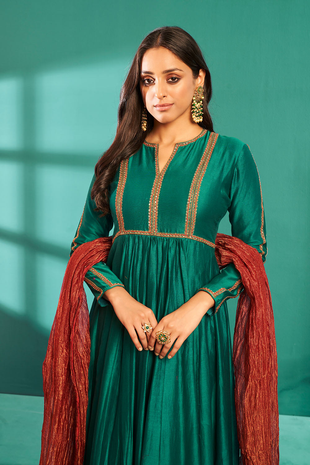 Green Chanderi Anarkali Set