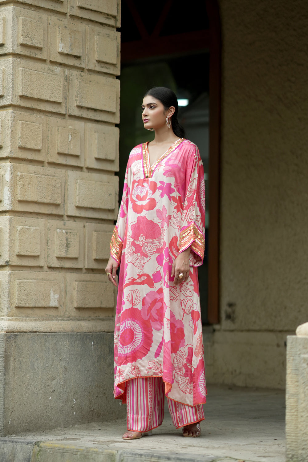 Beige floral kurta with culottes