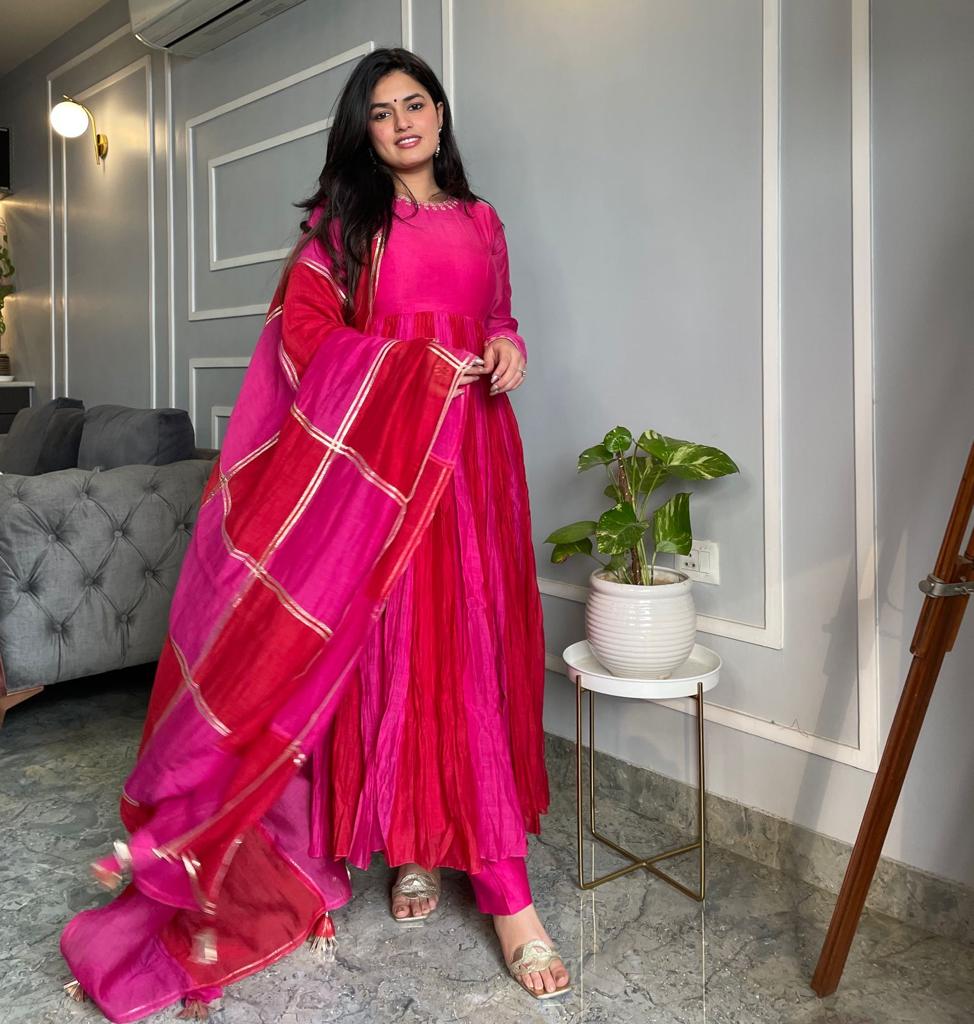 Ankita Parbhakar in Hot Pink and Cherry Red Anarkali