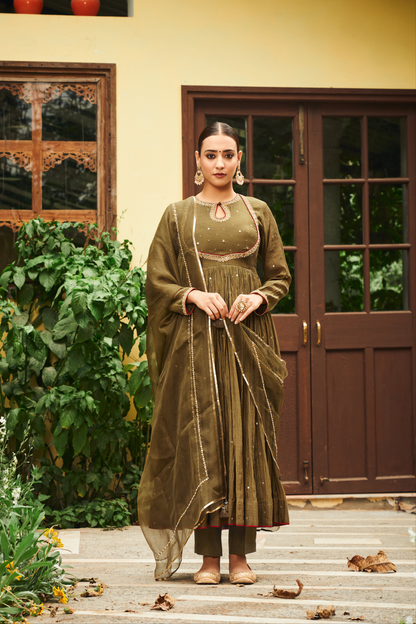 Olive Green Chanderi Anarkali Set